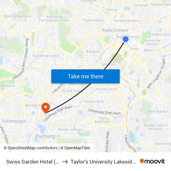 Swiss Garden Hotel (Kl1823) to Taylor's University Lakeside Campus map