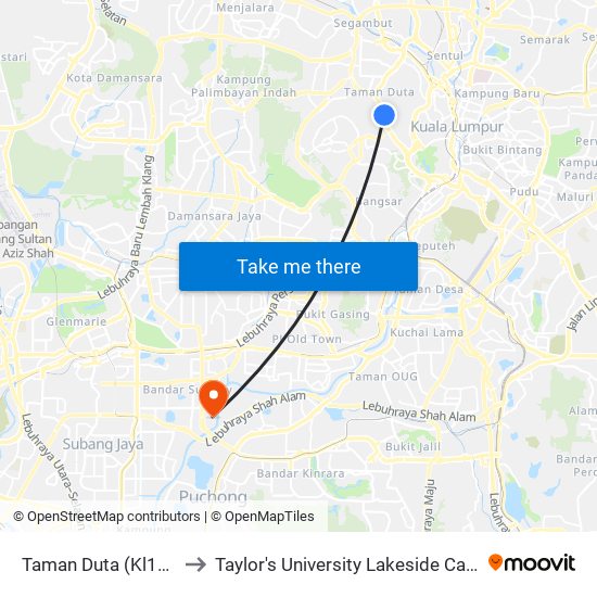 Taman Duta (Kl1507) to Taylor's University Lakeside Campus map