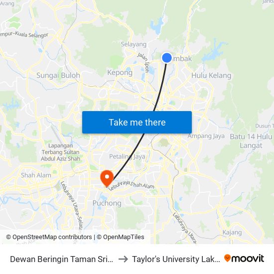 Dewan Beringin Taman Sri Gombak (Sl176) to Taylor's University Lakeside Campus map