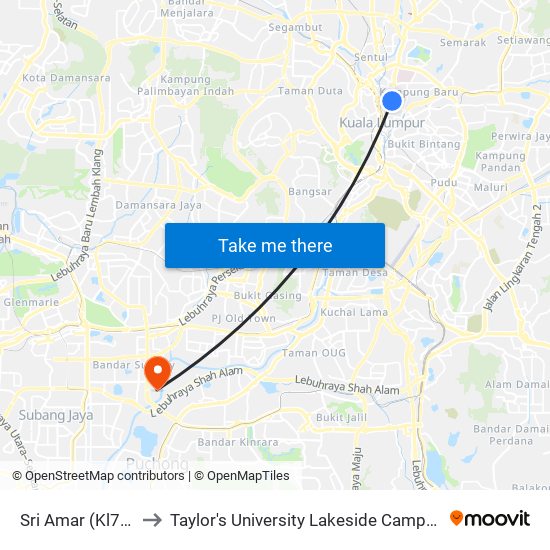 Sri Amar (Kl70) to Taylor's University Lakeside Campus map