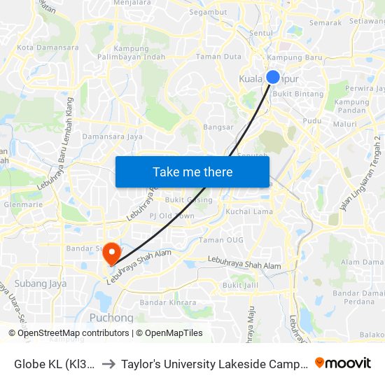 Globe KL (Kl37) to Taylor's University Lakeside Campus map