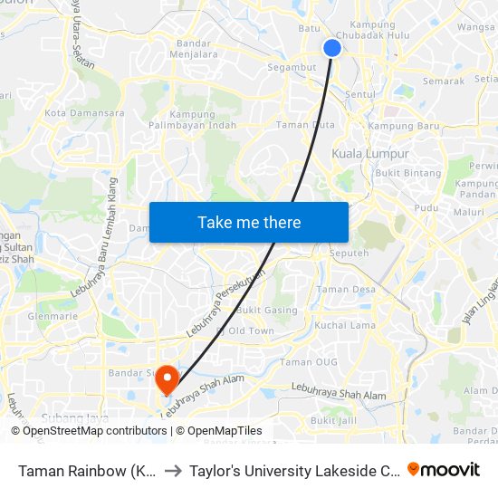 Taman Rainbow (Kl601) to Taylor's University Lakeside Campus map