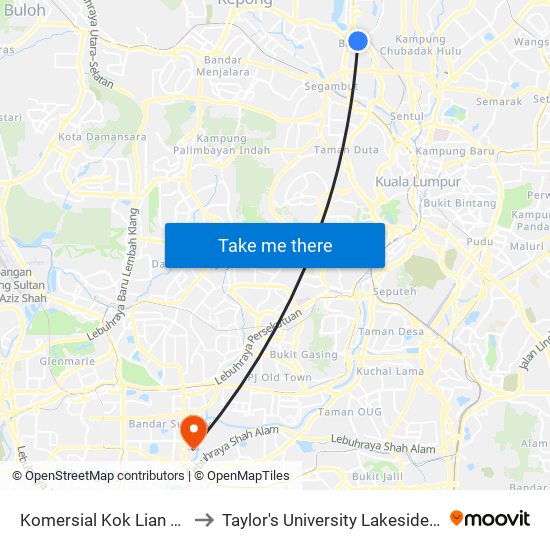 Komersial Kok Lian (Kl587) to Taylor's University Lakeside Campus map