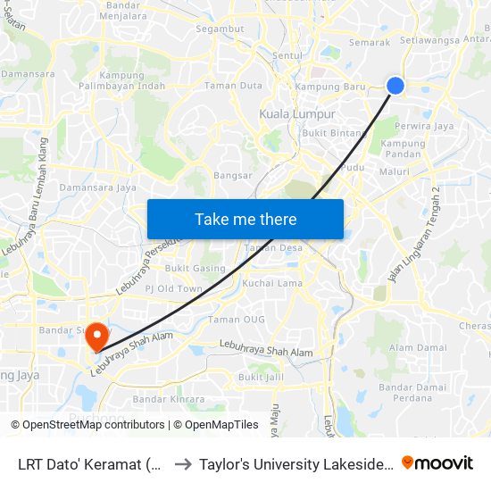 LRT Dato' Keramat (Kl2311) to Taylor's University Lakeside Campus map