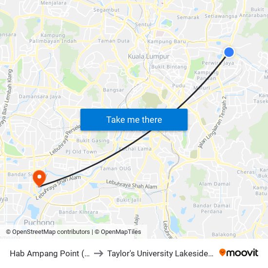 Hab Ampang Point (Aj182) to Taylor's University Lakeside Campus map