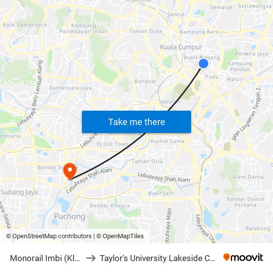 Monorail Imbi (Kl121) to Taylor's University Lakeside Campus map