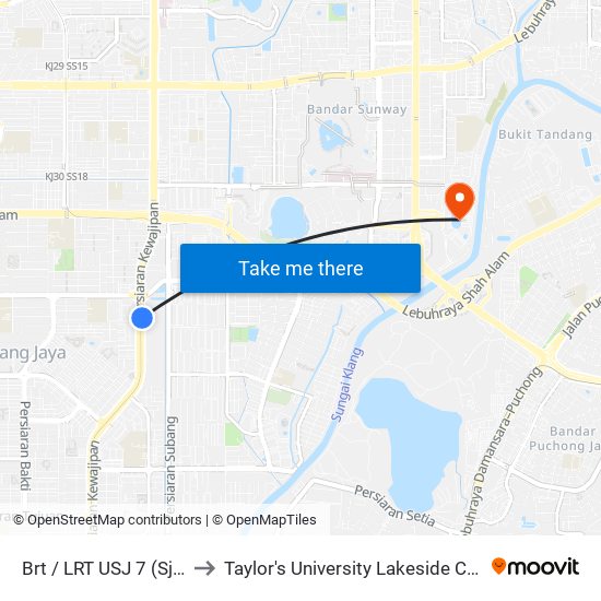 Brt / LRT USJ 7 (Sj693) to Taylor's University Lakeside Campus map