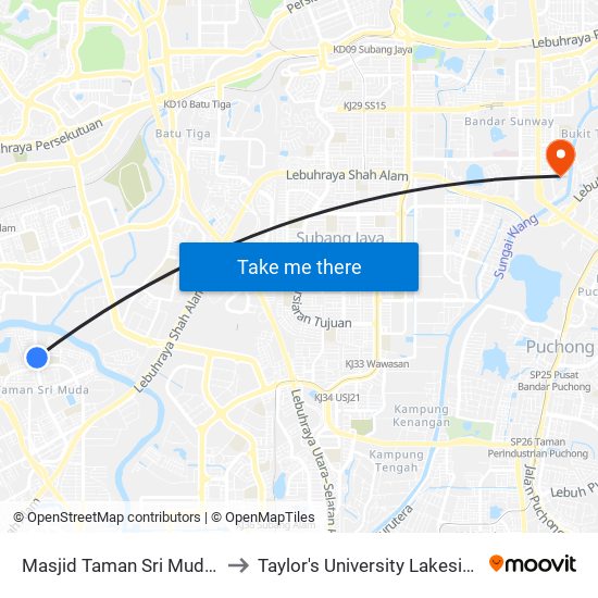 Masjid Taman Sri Muda (Sa392) to Taylor's University Lakeside Campus map
