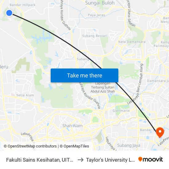 Fakulti Sains Kesihatan, UITM Puncak Alam (Ks34) to Taylor's University Lakeside Campus map