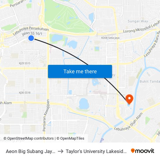 Aeon Big Subang Jaya (Sj60) to Taylor's University Lakeside Campus map