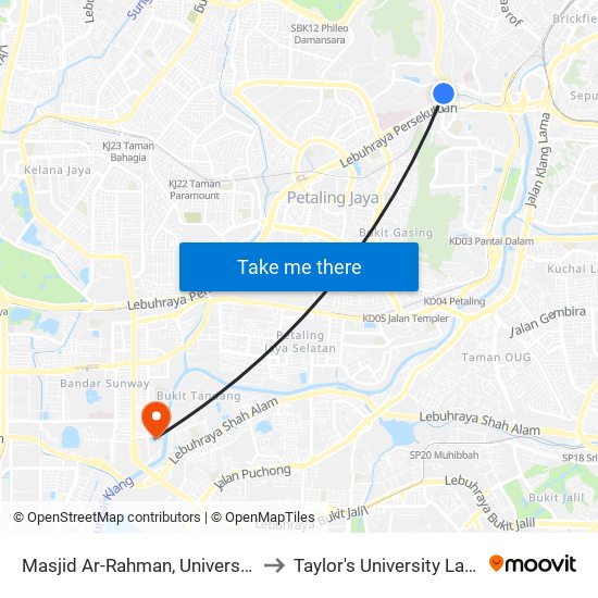 Masjid Ar-Rahman, Universiti Malaya (Kl1102) to Taylor's University Lakeside Campus map