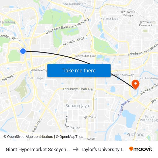 Giant Hypermarket Seksyen 13, Shah Alam (Sa947) to Taylor's University Lakeside Campus map