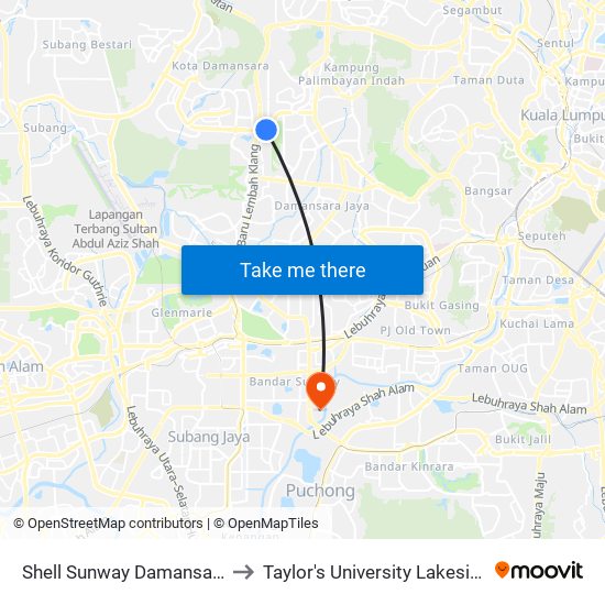 Shell Sunway Damansara (Pj384) to Taylor's University Lakeside Campus map