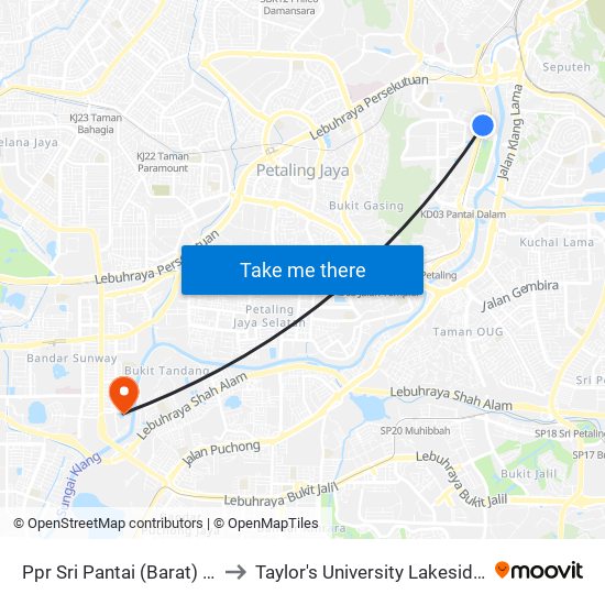 Ppr Sri Pantai (Barat) (Kl1800) to Taylor's University Lakeside Campus map