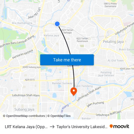 LRT Kelana Jaya (Opp) (Pj603) to Taylor's University Lakeside Campus map