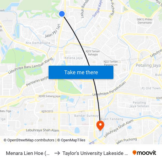 Menara Lien Hoe (Pj398) to Taylor's University Lakeside Campus map