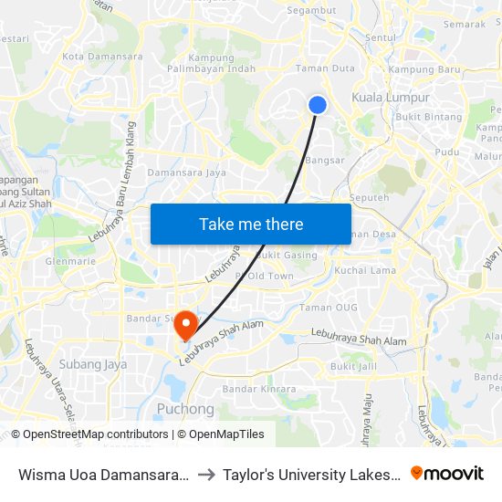 Wisma Uoa Damansara II (Kl1177) to Taylor's University Lakeside Campus map