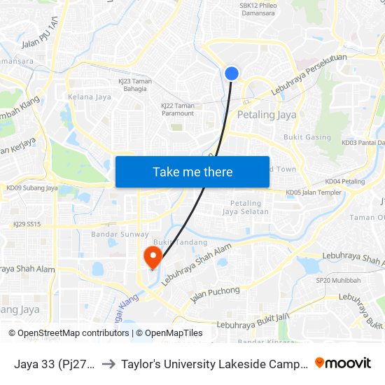 Jaya 33 (Pj277) to Taylor's University Lakeside Campus map