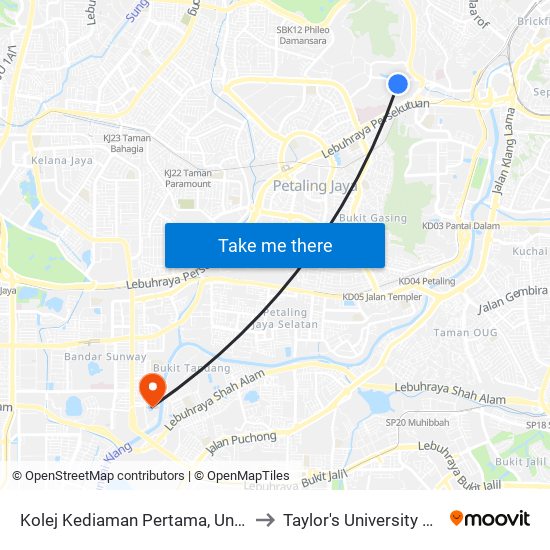 Kolej Kediaman Pertama, Universiti Malaya (Kl1103) to Taylor's University Lakeside Campus map