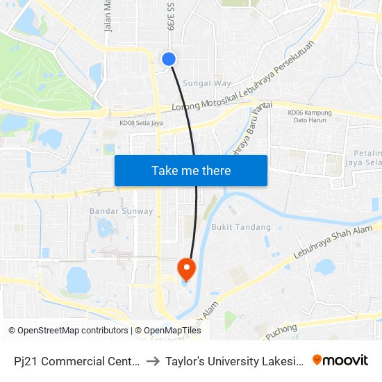 Pj21 Commercial Centre (Pj116) to Taylor's University Lakeside Campus map