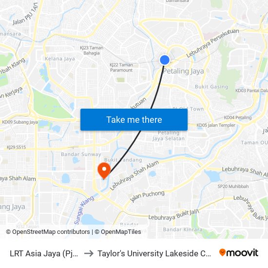 LRT Asia Jaya (Pj436) to Taylor's University Lakeside Campus map