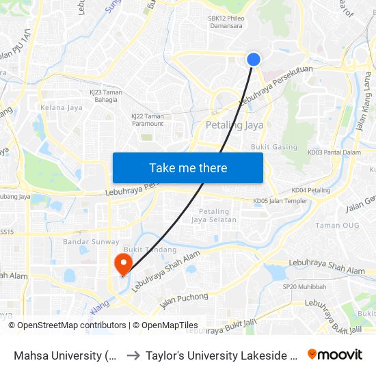 Mahsa University (Pj247) to Taylor's University Lakeside Campus map