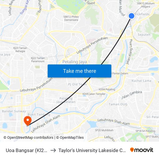 Uoa Bangsar (Kl2141) to Taylor's University Lakeside Campus map