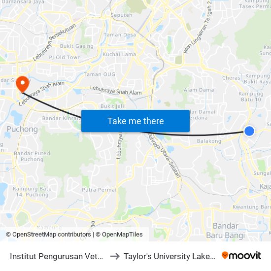 Institut Pengurusan Veterinar (Kj304) to Taylor's University Lakeside Campus map