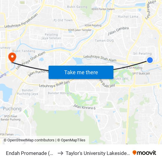 Endah Promenade (Kl1311) to Taylor's University Lakeside Campus map