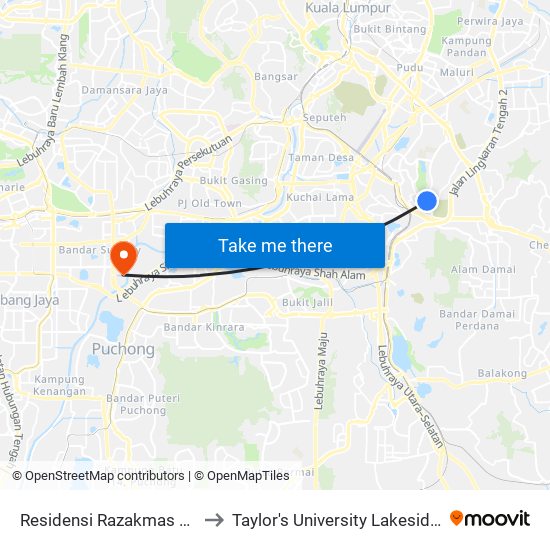 Residensi Razakmas 2 (Kl287) to Taylor's University Lakeside Campus map