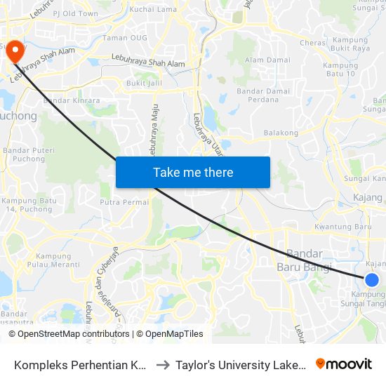 Kompleks Perhentian Kajang (Kj461) to Taylor's University Lakeside Campus map