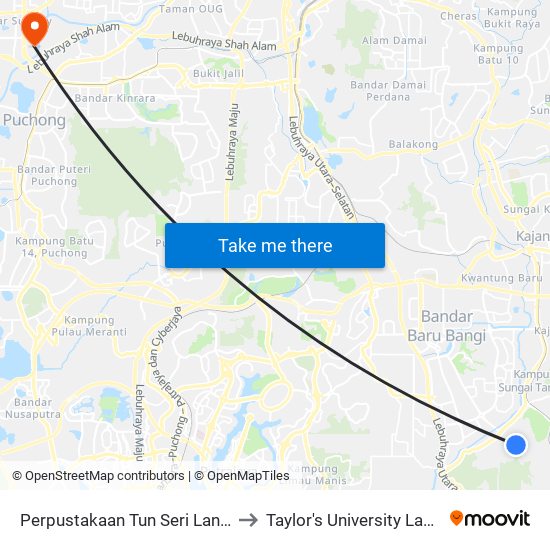 Perpustakaan Tun Seri Lanang UKM (Kj225) to Taylor's University Lakeside Campus map