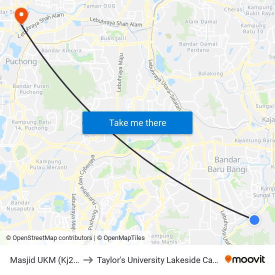 Masjid UKM (Kj230) to Taylor's University Lakeside Campus map