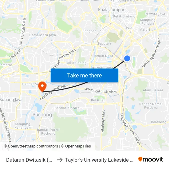 Dataran Dwitasik (Kl337) to Taylor's University Lakeside Campus map