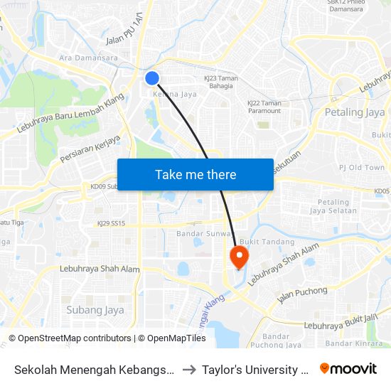 Sekolah Menengah Kebangsaan Kelana Jaya (Pj633) to Taylor's University Lakeside Campus map