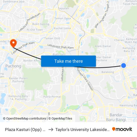 Plaza Kasturi (Opp) (Kj341) to Taylor's University Lakeside Campus map
