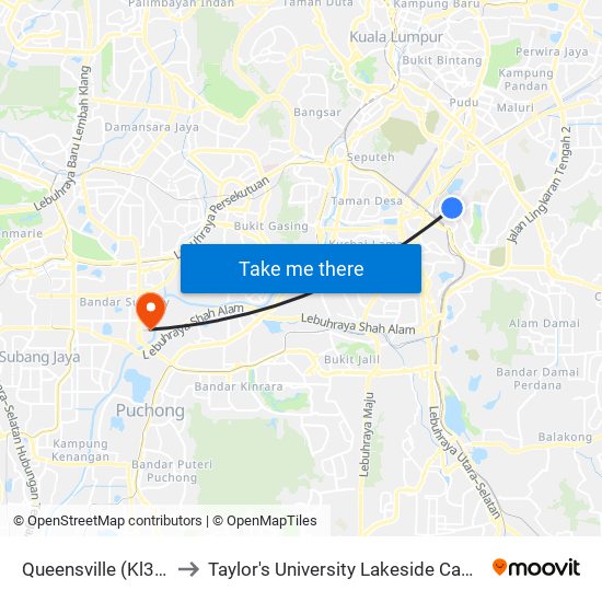 Queensville (Kl316) to Taylor's University Lakeside Campus map