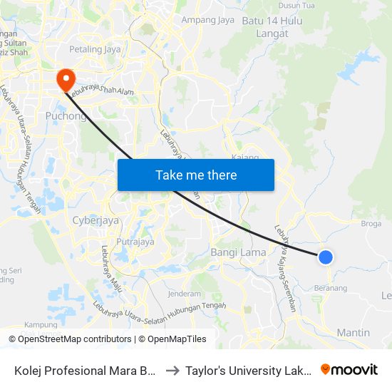 Kolej Profesional Mara Beranang (Kj587) to Taylor's University Lakeside Campus map