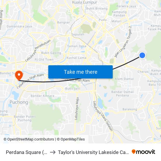 Perdana Square (Kj5) to Taylor's University Lakeside Campus map