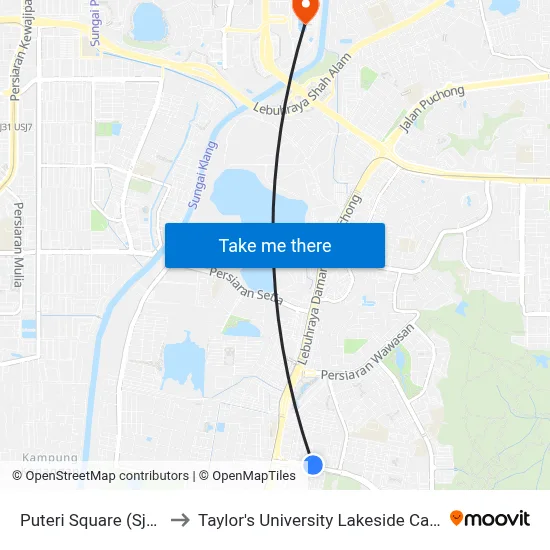 Puteri Square (Sj451) to Taylor's University Lakeside Campus map