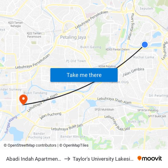 Abadi Indah Apartment (Kl1208) to Taylor's University Lakeside Campus map