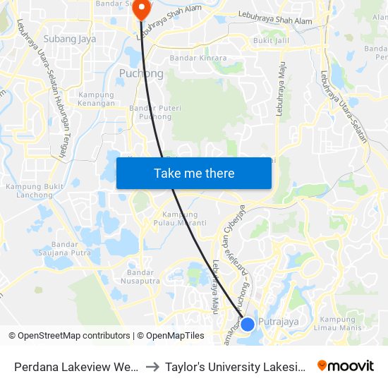 Perdana Lakeview West (Sp43) to Taylor's University Lakeside Campus map