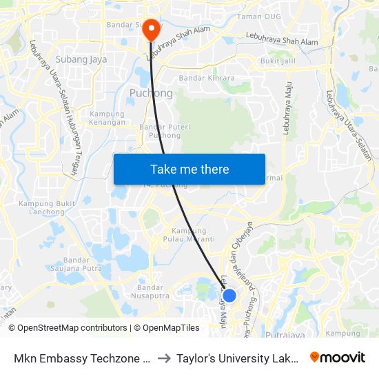 Mkn Embassy Techzone (Opp) (Sp399) to Taylor's University Lakeside Campus map