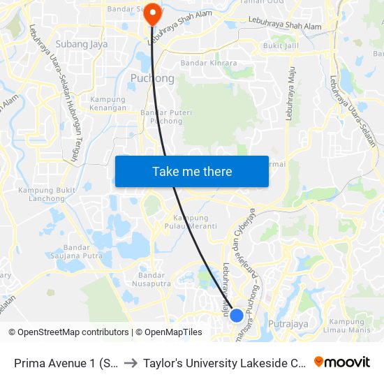 Prima Avenue 1 (Sp69) to Taylor's University Lakeside Campus map