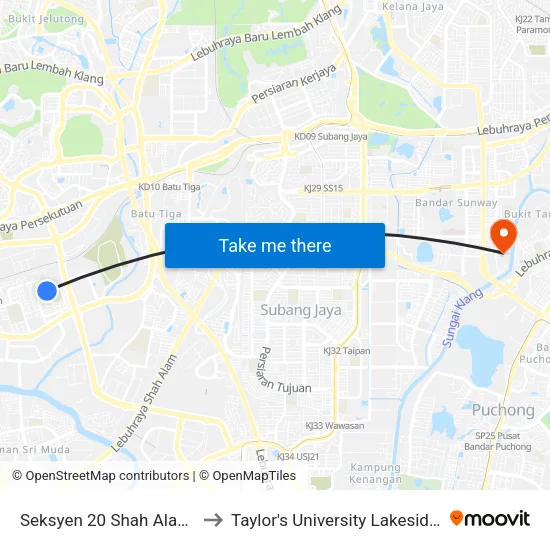 Seksyen 20 Shah Alam (Utara) to Taylor's University Lakeside Campus map