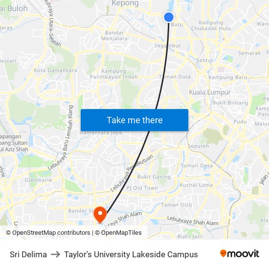 Sri Delima to Taylor's University Lakeside Campus map