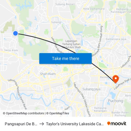 Pangsapuri De Bayu to Taylor's University Lakeside Campus map