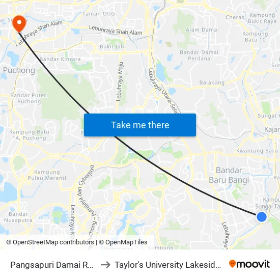 Pangsapuri Damai Residensi to Taylor's University Lakeside Campus map