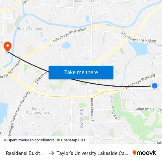 Residensi Bukit Jalil to Taylor's University Lakeside Campus map