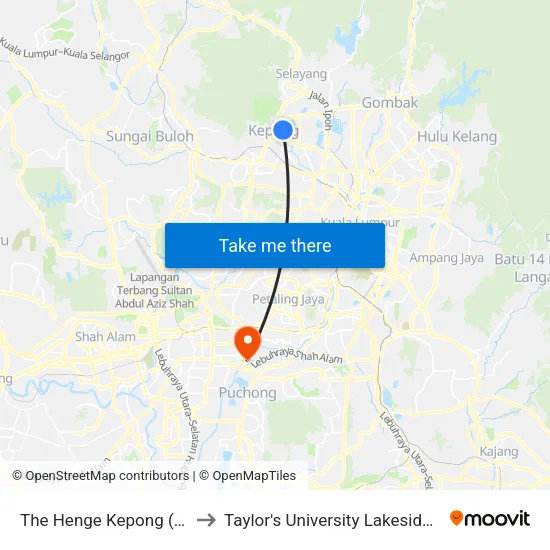 The Henge Kepong (Kl2460) to Taylor's University Lakeside Campus map
